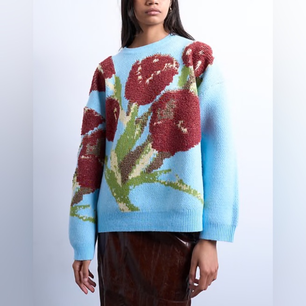 NWT Topshop Womens Textured Knit Tulip Blue Sweater Size Medium